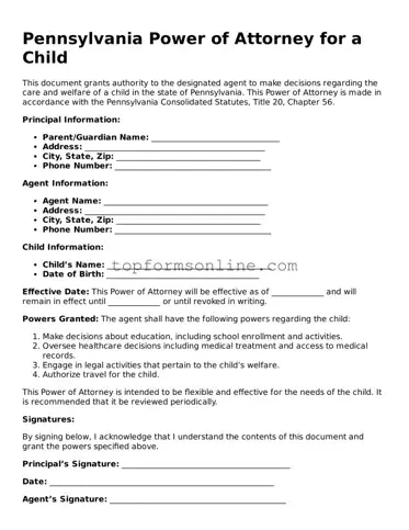 Printable Pennsylvania Power of Attorney for a Child Template