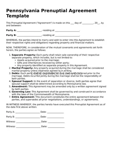 Printable Pennsylvania Prenuptial Agreement Template