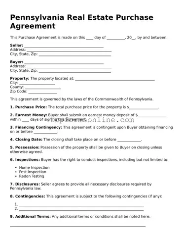 Printable Pennsylvania Real Estate Purchase Agreement Template