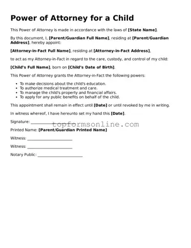 Valid Power of Attorney for a Child Template