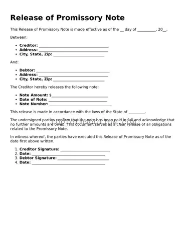 Valid Release of Promissory Note Template