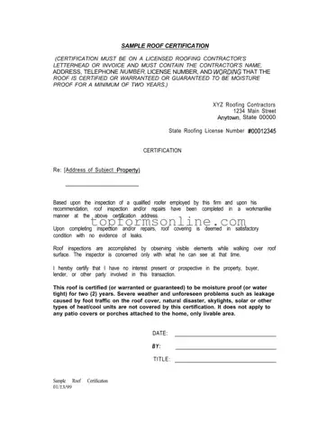 Fill Out a Valid Sample Roof Certification Form