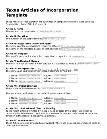 Printable Texas Articles of Incorporation Template