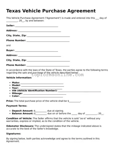 Printable Texas Vehicle Purchase Agreement Template