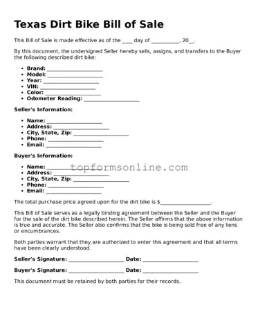 Printable Texas Dirt Bike Bill of Sale Template