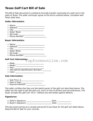 Printable Texas Golf Cart Bill of Sale Template