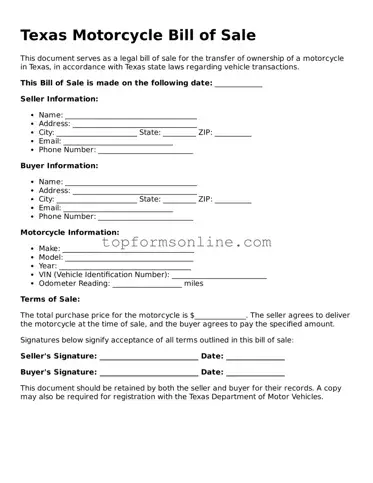Printable Texas Motorcycle Bill of Sale Template