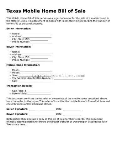 Printable Texas Mobile Home Bill of Sale Template