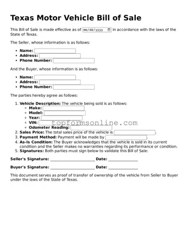 Printable Texas Motor Vehicle Bill of Sale Template