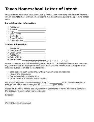 Printable Texas Homeschool Letter of Intent Template
