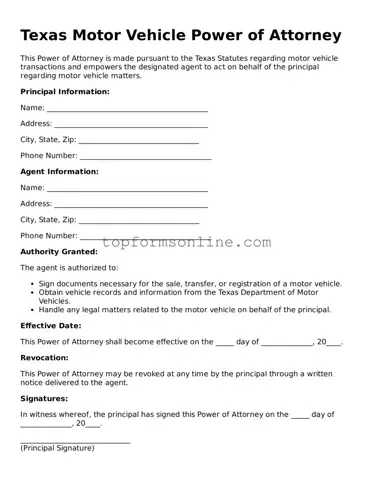 Printable Texas Motor Vehicle Power of Attorney Template
