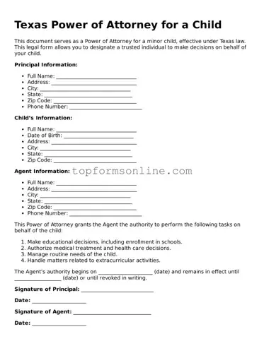 Printable Texas Power of Attorney for a Child Template