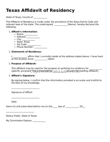 Printable Texas Affidavit of Residency Template