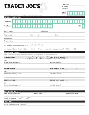Fill Out a Valid Trader Joe's application Form