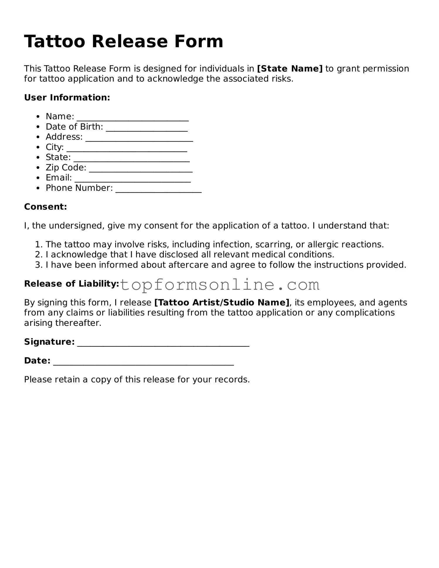 Valid Tattoo Release Template