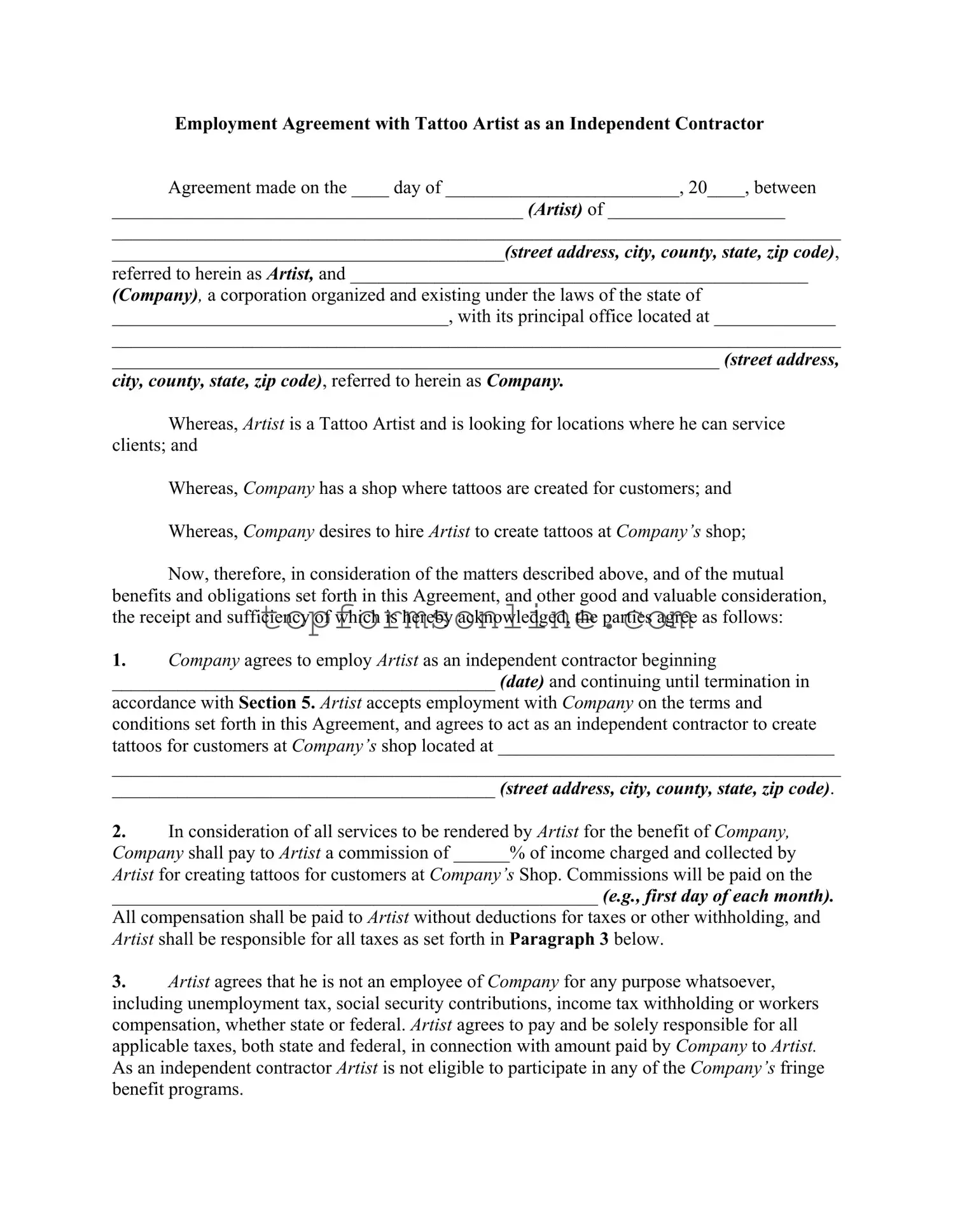 Fill Out a Valid Tattoo Shop Artist Agreement Form