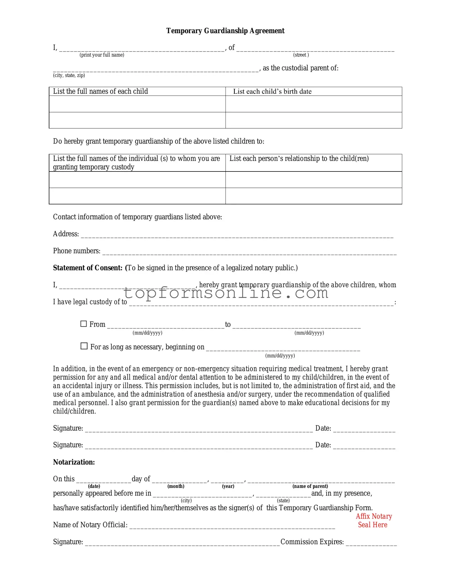 Fill Out a Valid Temporary Custody Form