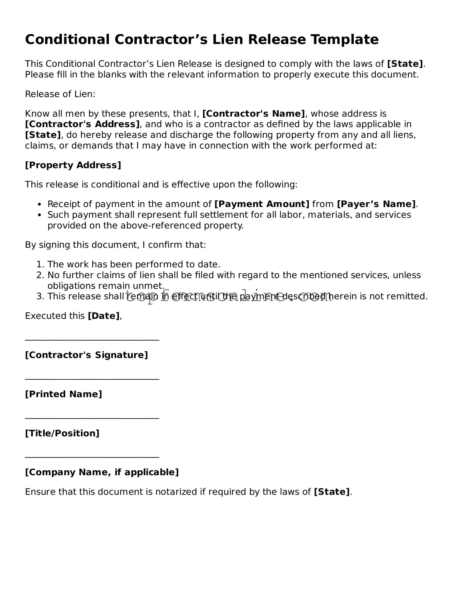 Valid Conditional Contractor’s Lien Release Template