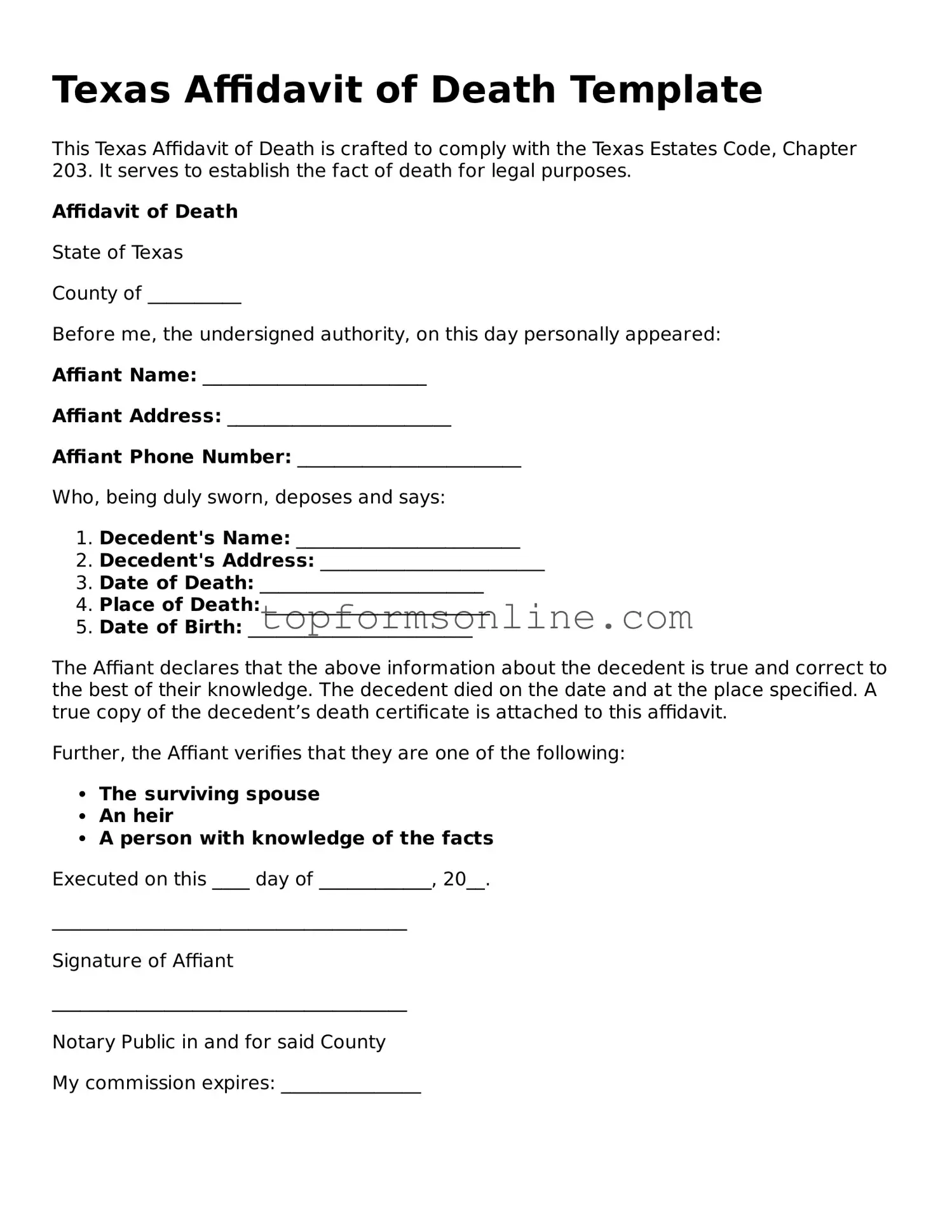 Printable Texas Affidavit of Death Template