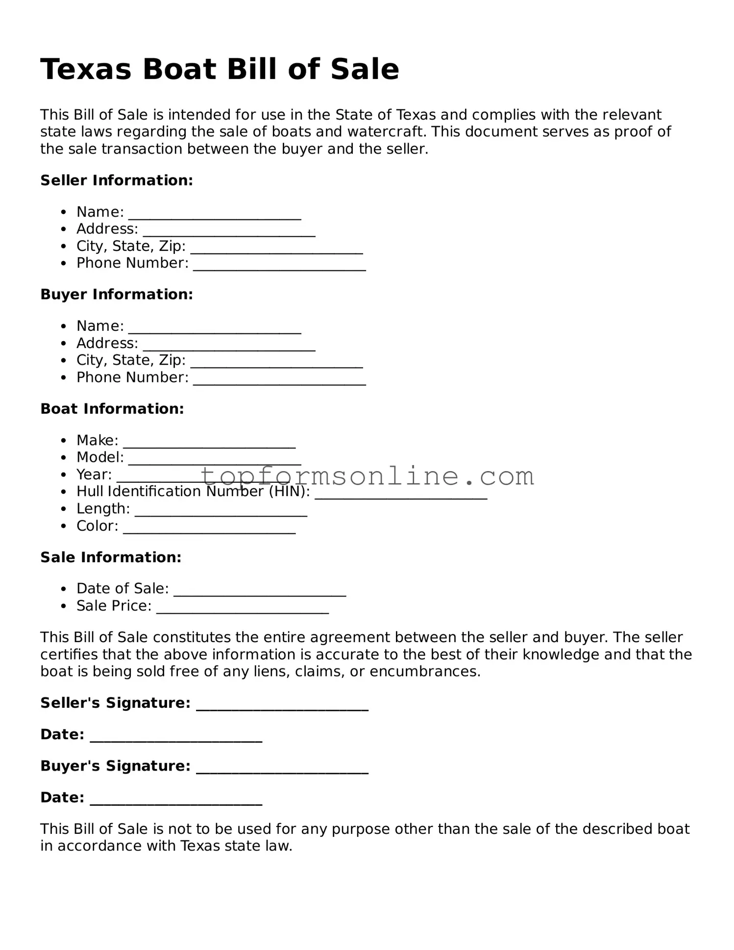 Printable Texas Boat Bill of Sale Template