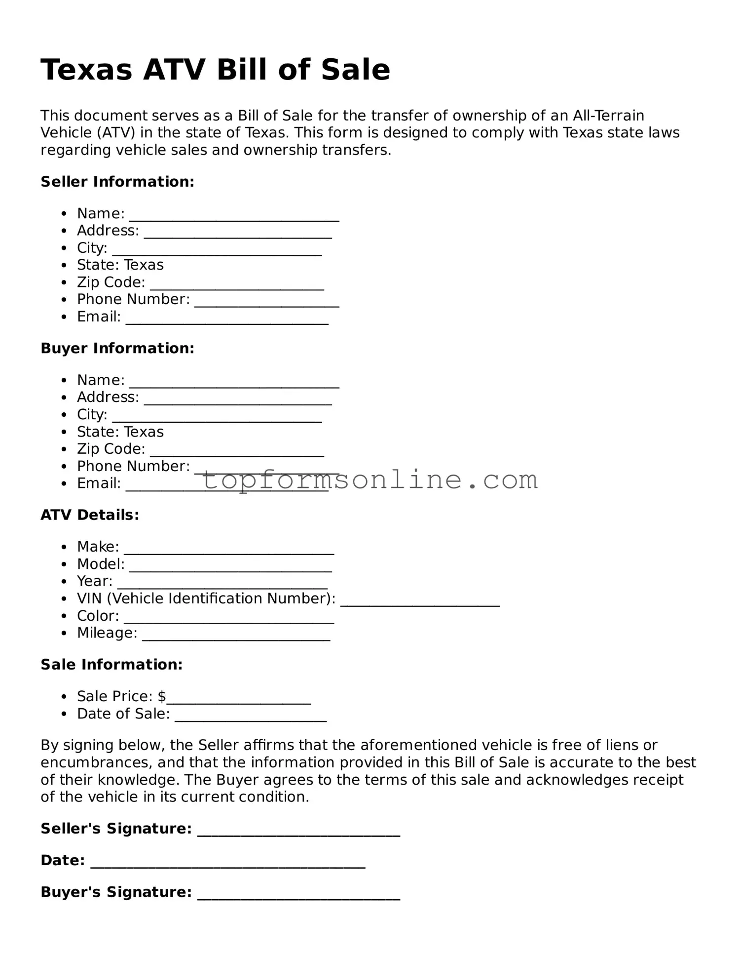 Printable Texas ATV Bill of Sale Template