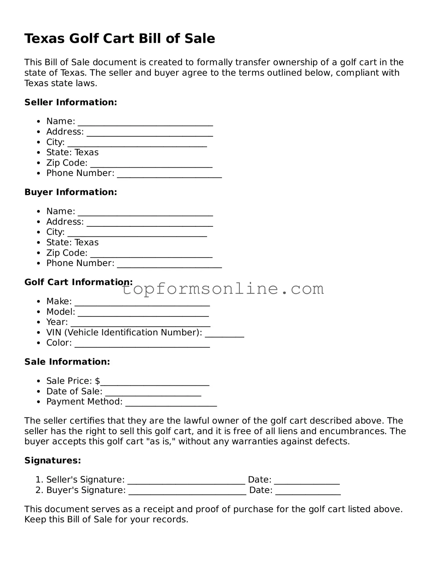 Printable Texas Golf Cart Bill of Sale Template