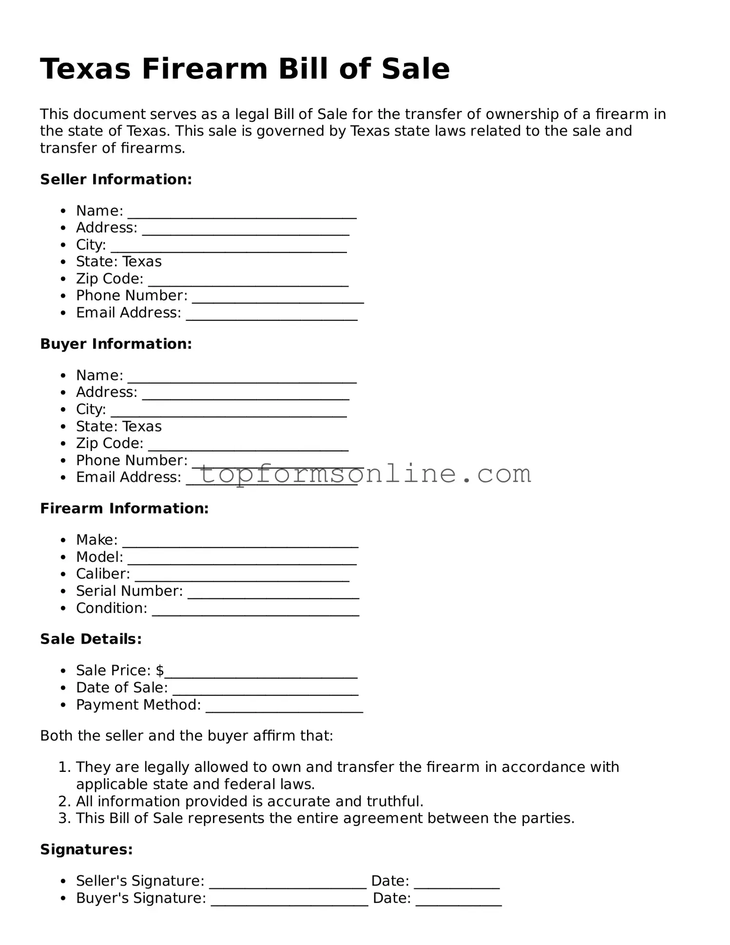 Printable Texas Firearm Bill of Sale Template