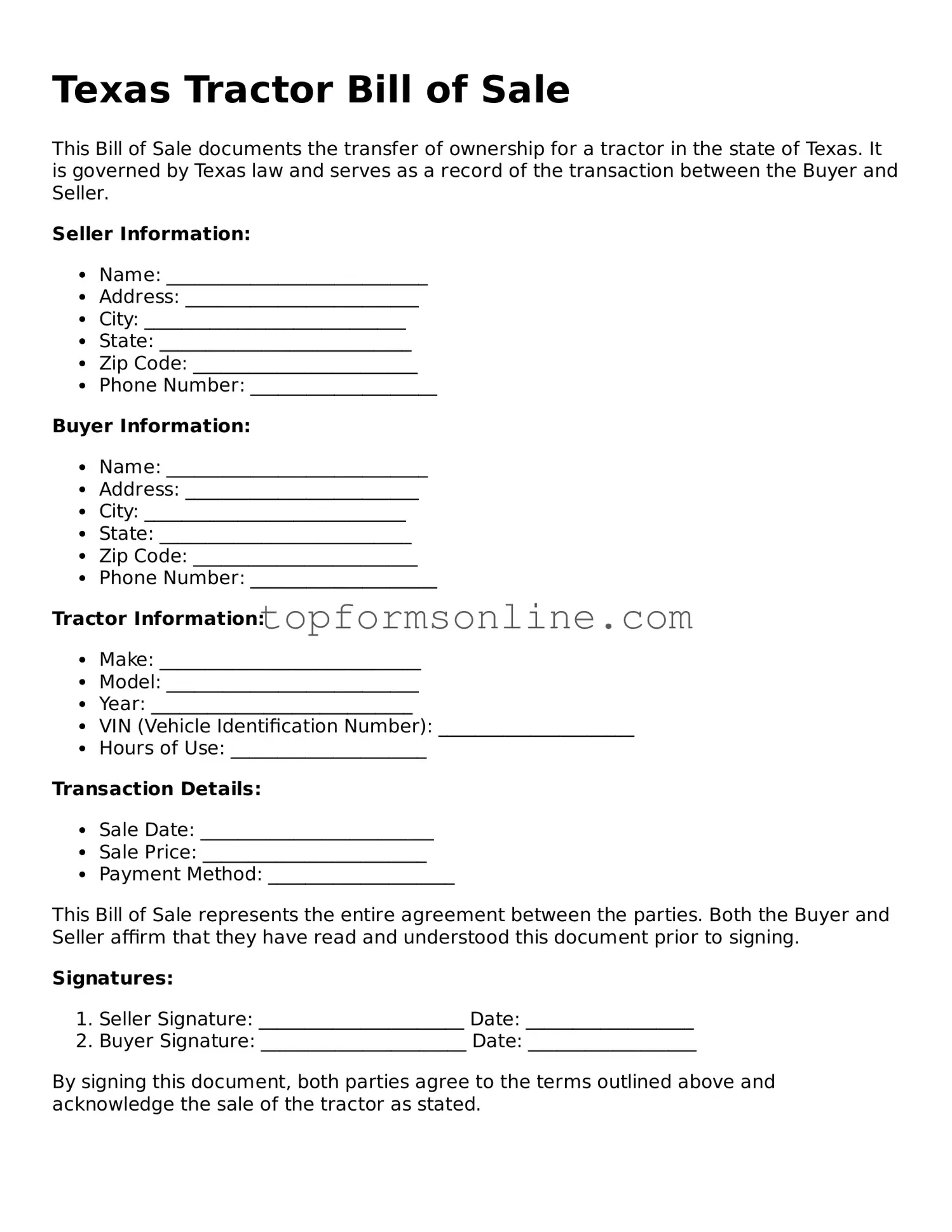 Printable Texas Tractor Bill of Sale Template