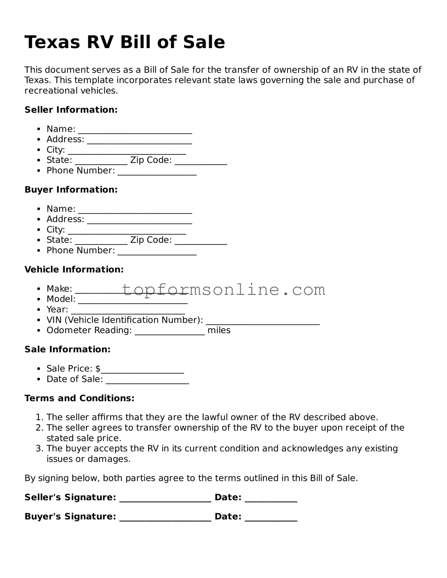 Printable Texas RV Bill of Sale Template