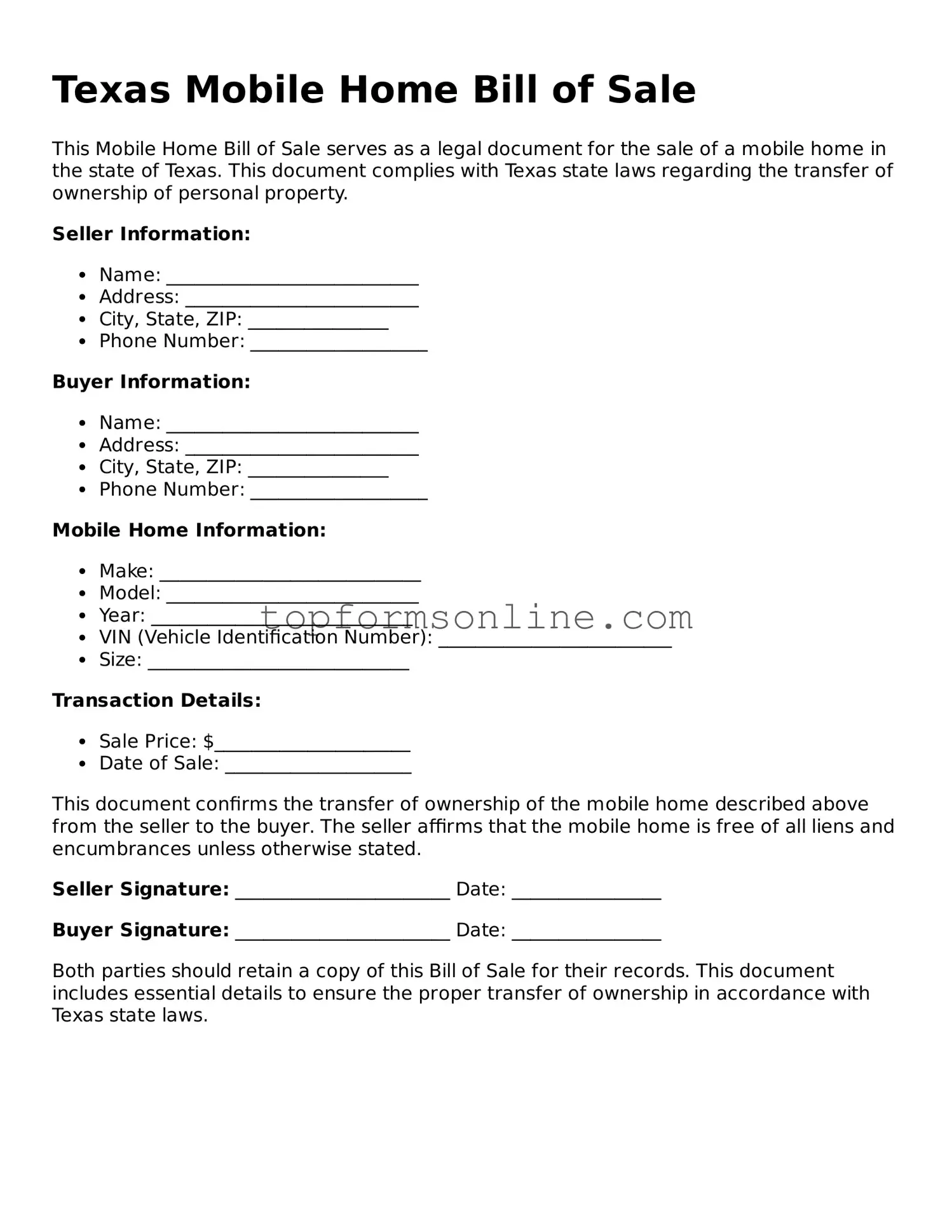 Printable Texas Mobile Home Bill of Sale Template