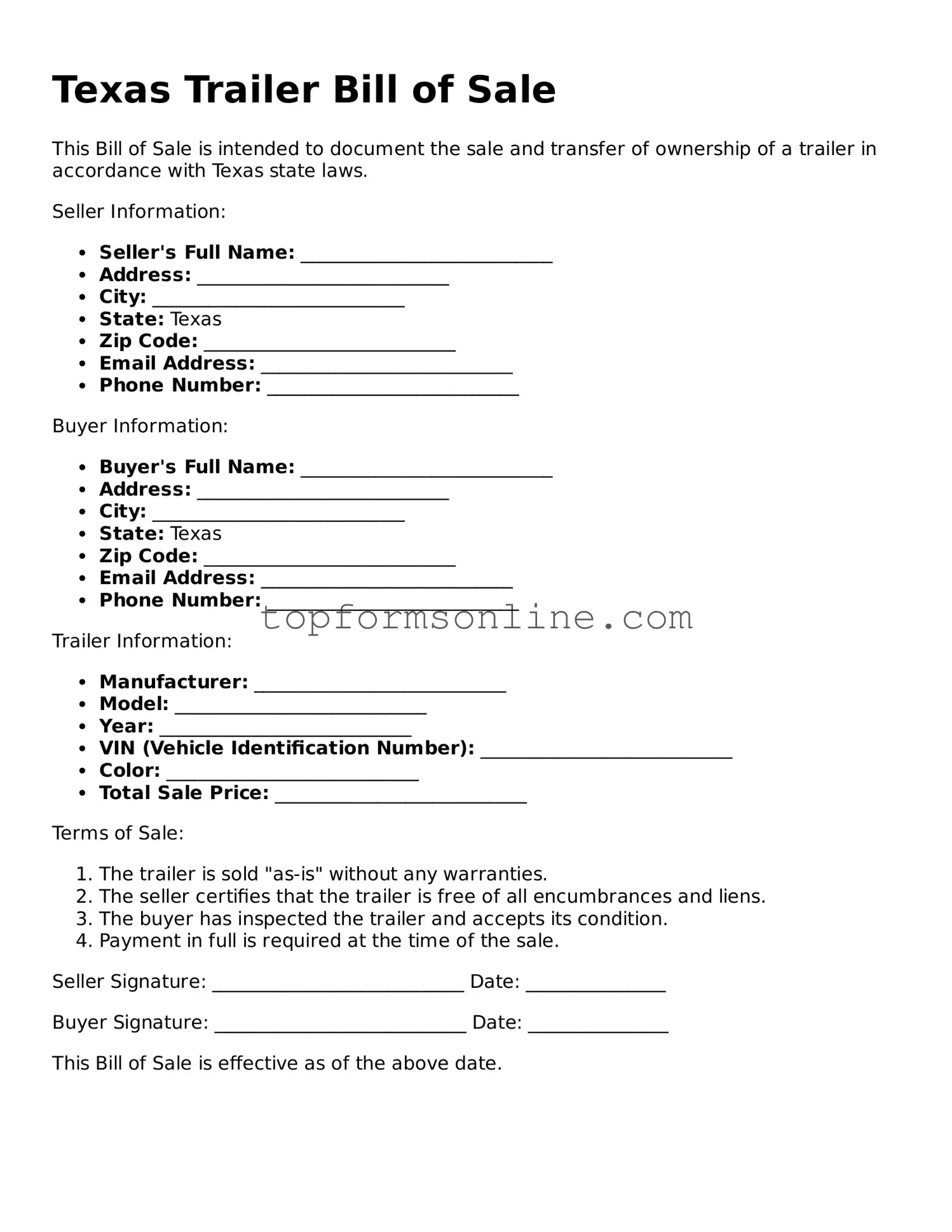 Printable Texas Trailer Bill of Sale Template