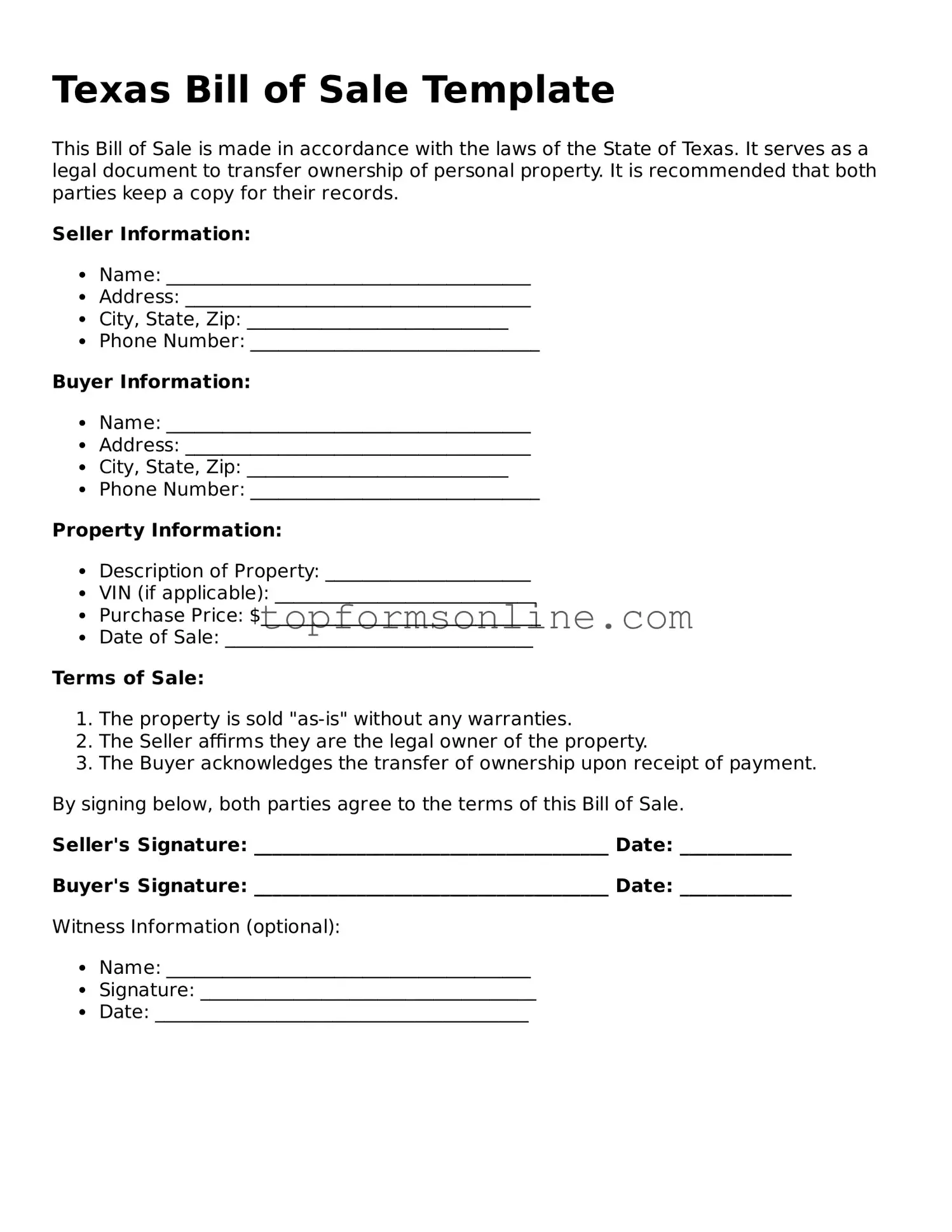 Printable Texas Bill of Sale Template