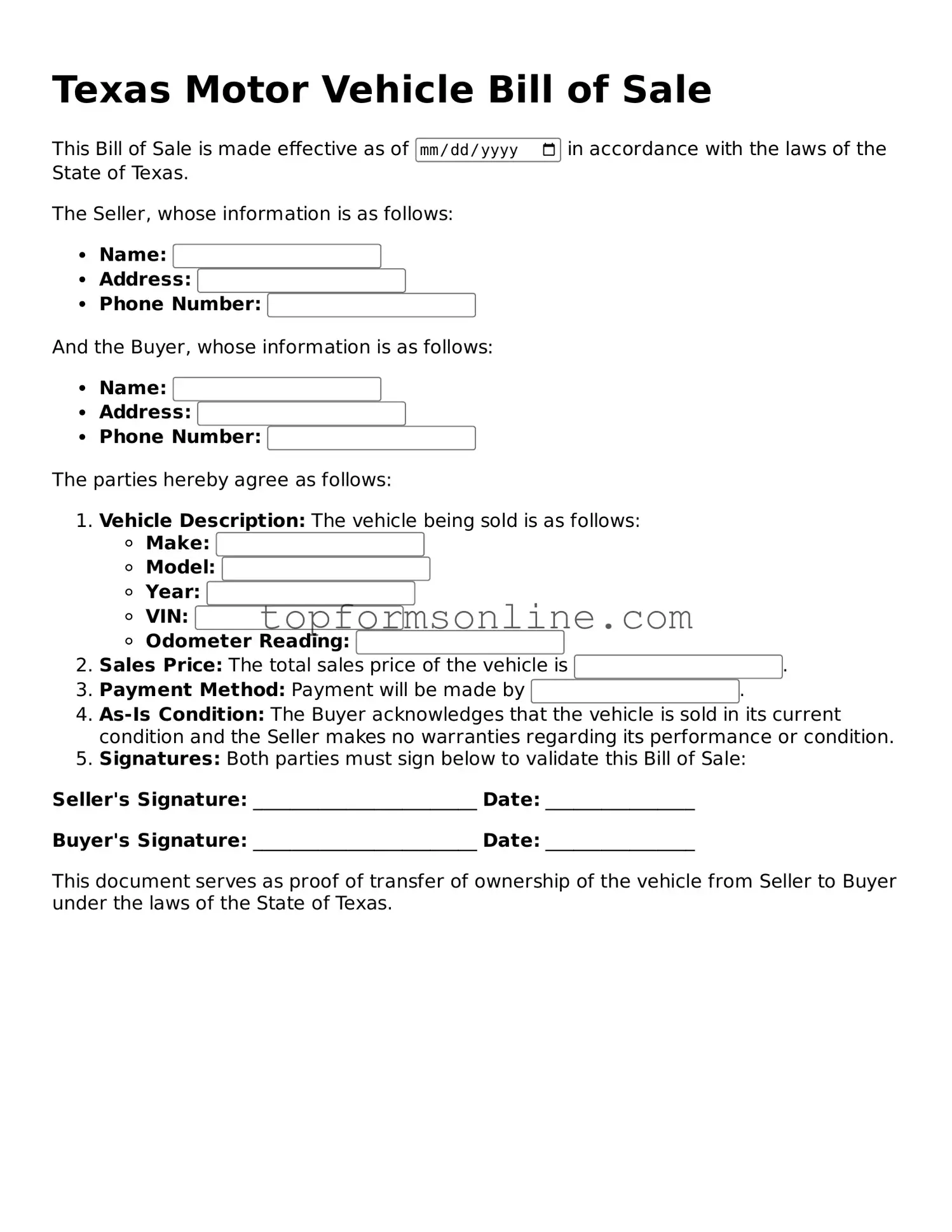 Printable Texas Motor Vehicle Bill of Sale Template