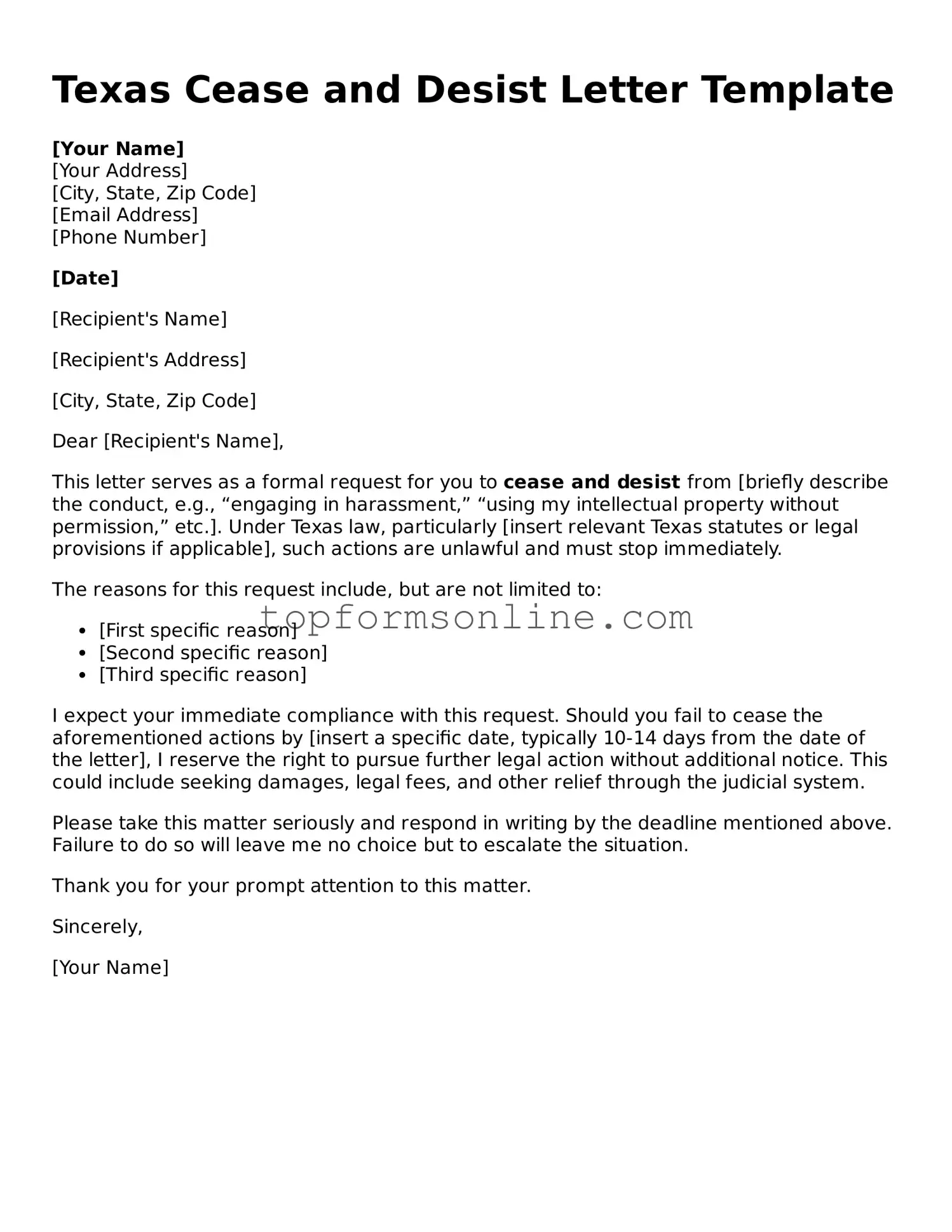 Printable Texas Cease and Desist Letter Template
