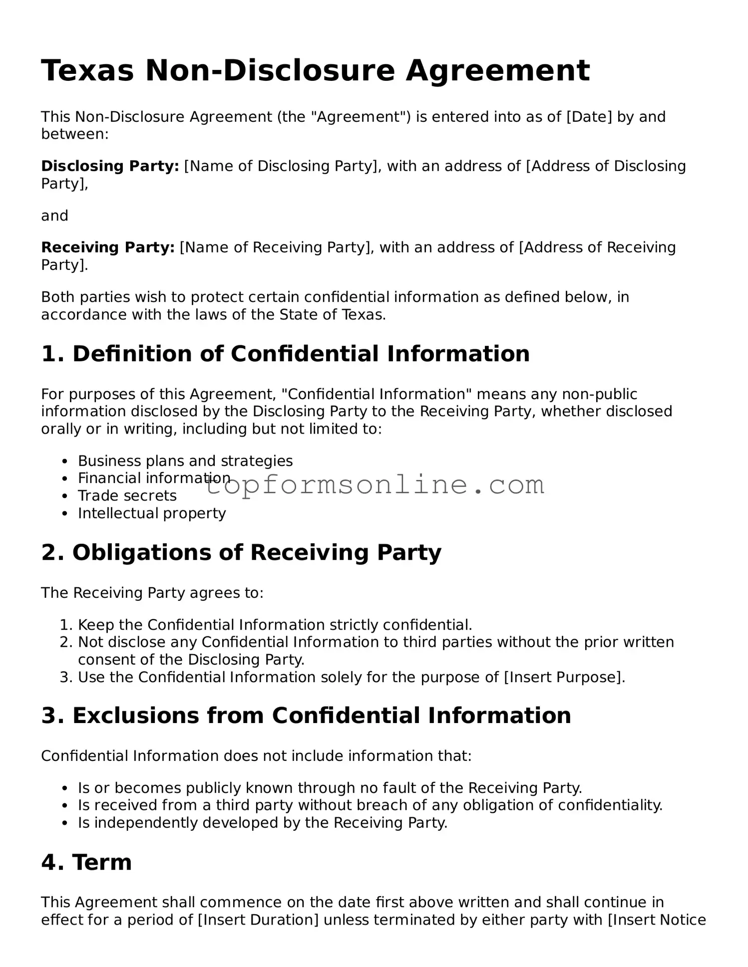 Printable Texas Non-disclosure Agreement Template