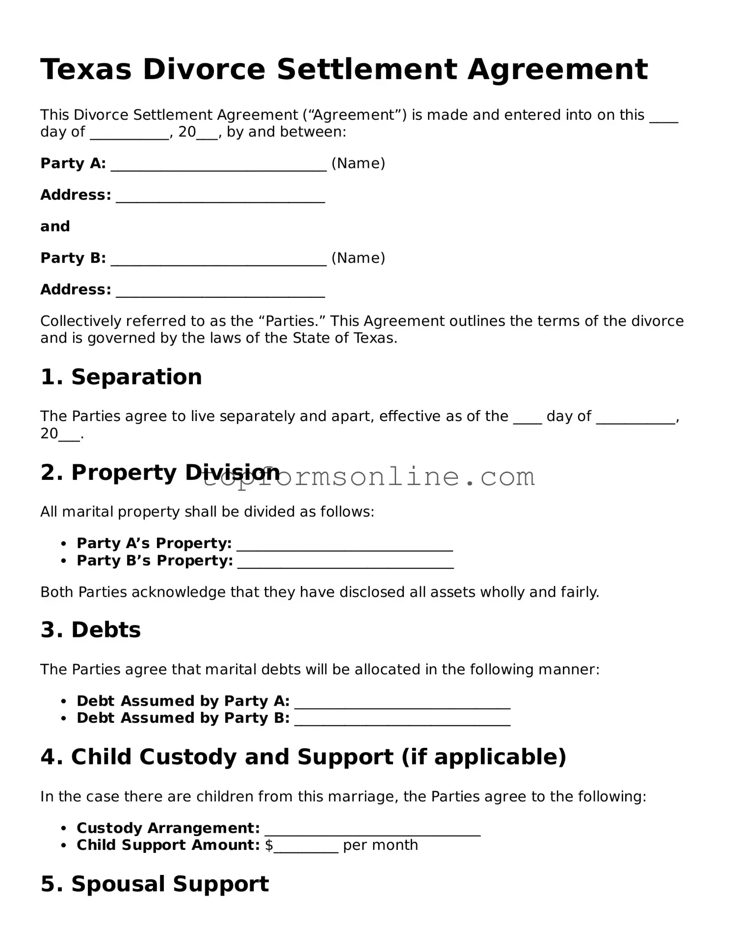 Printable Texas Divorce Settlement Agreement Template