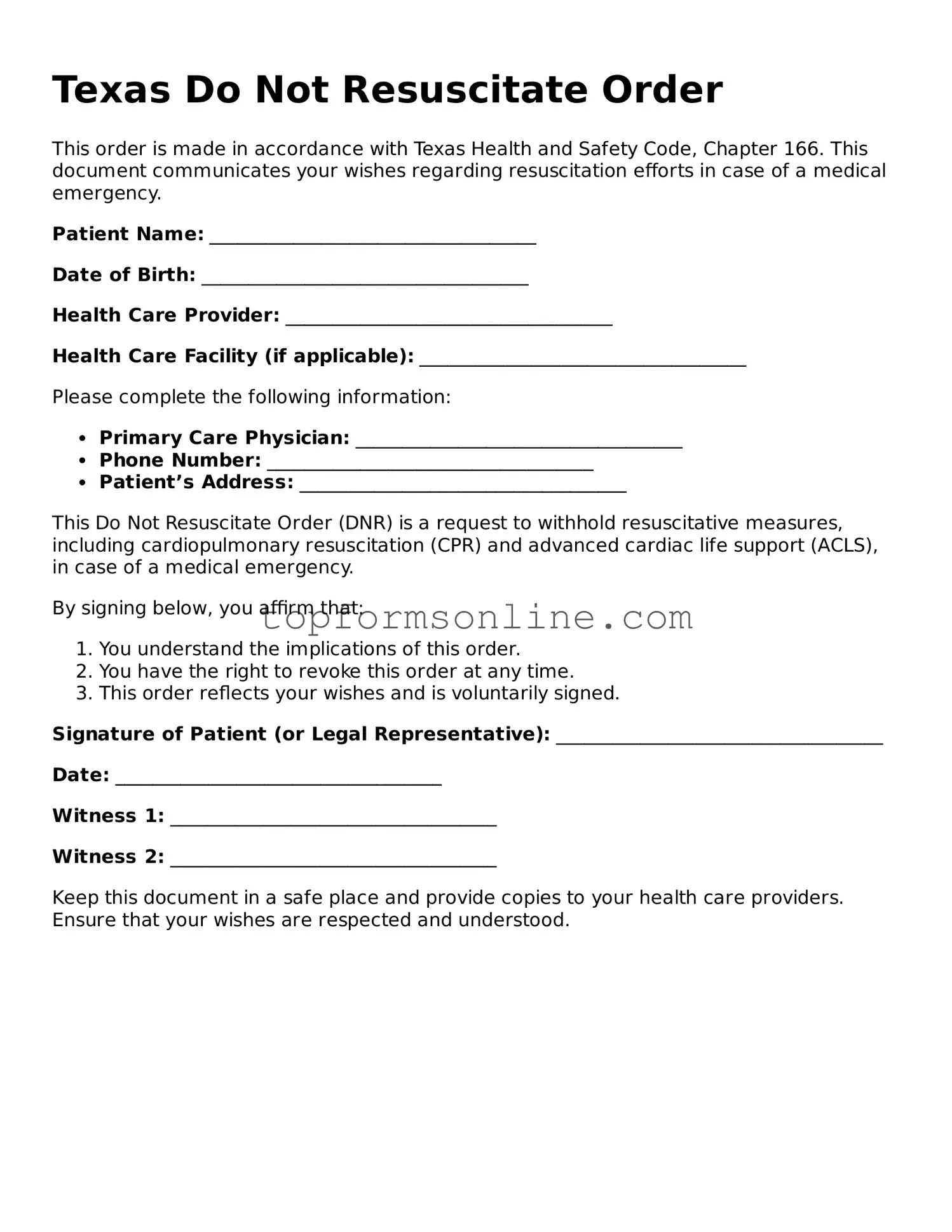 Printable Texas Do Not Resuscitate Order Template