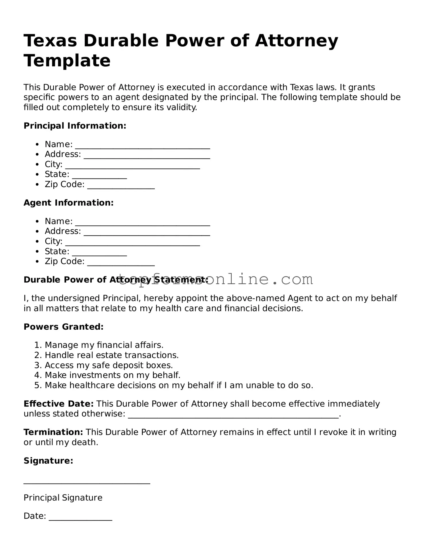 Printable Texas Durable Power of Attorney Template