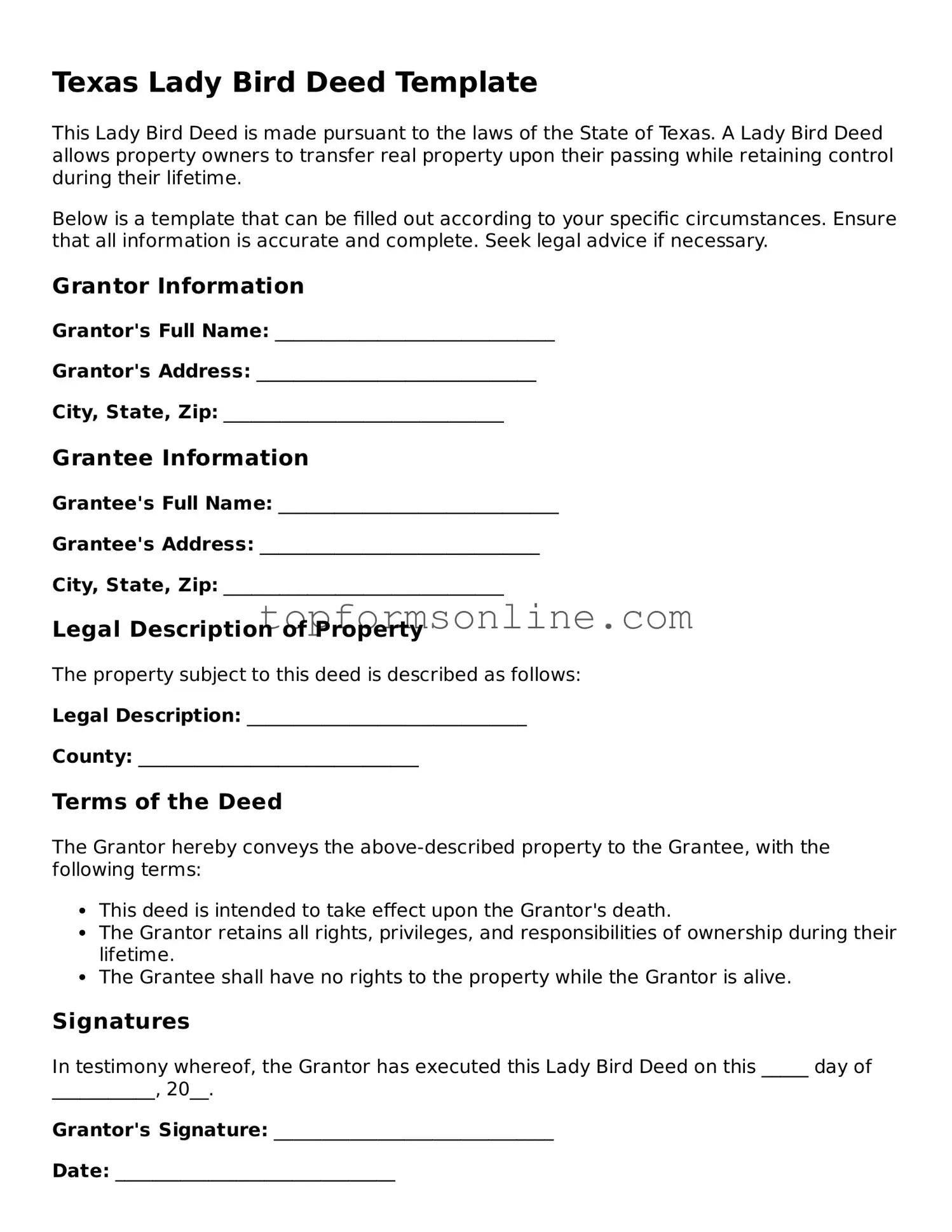 Printable Texas Lady Bird Deed Template