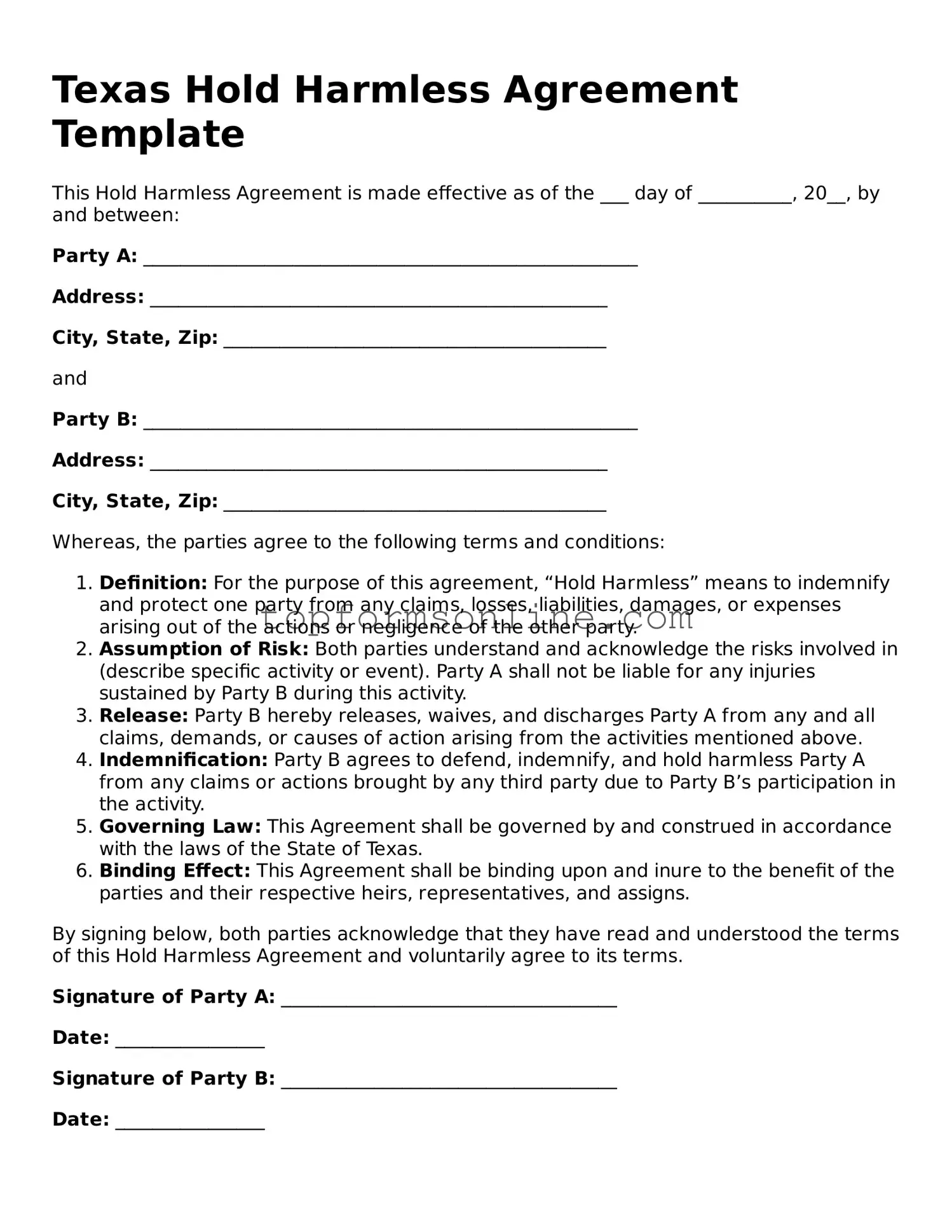 Printable Texas Hold Harmless Agreement Template