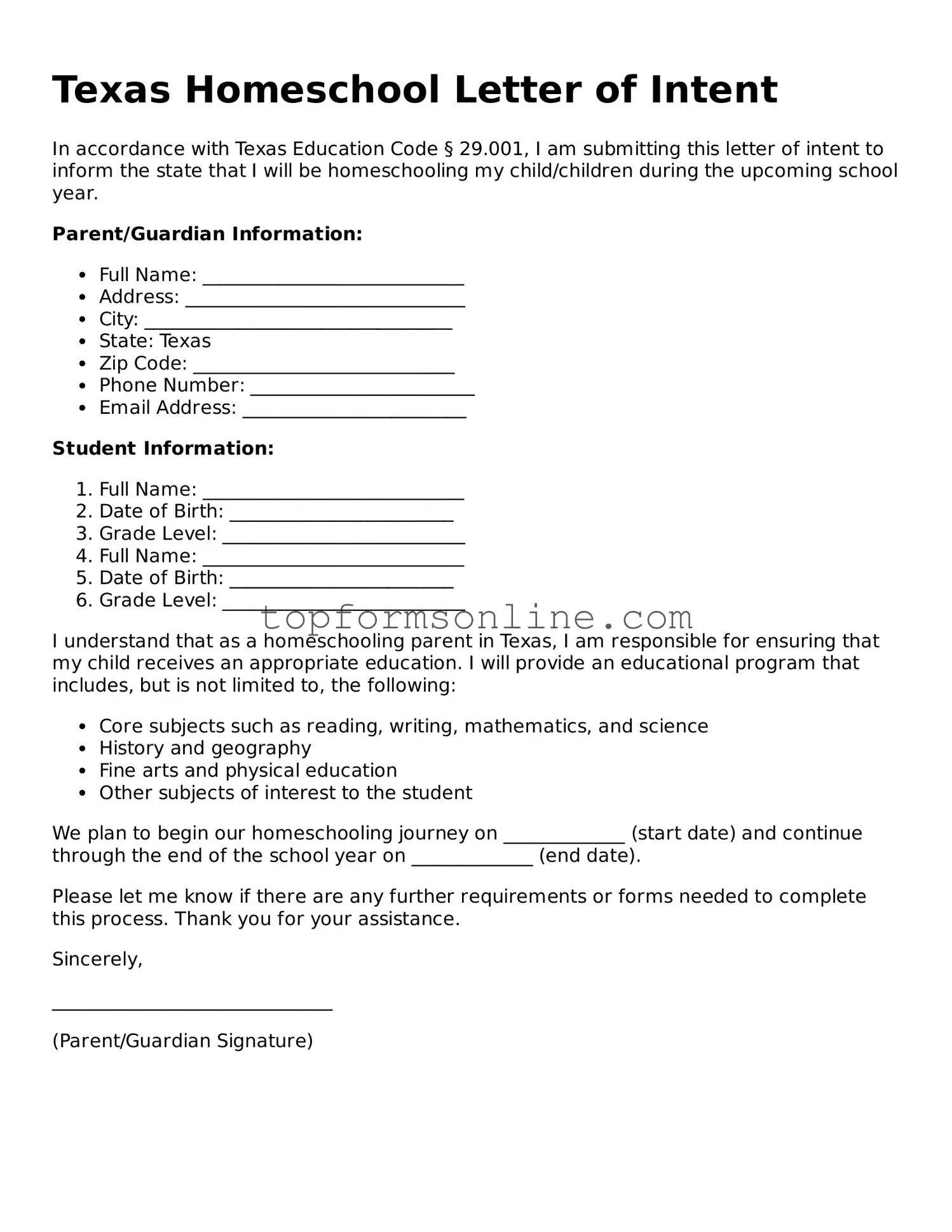 Printable Texas Homeschool Letter of Intent Template