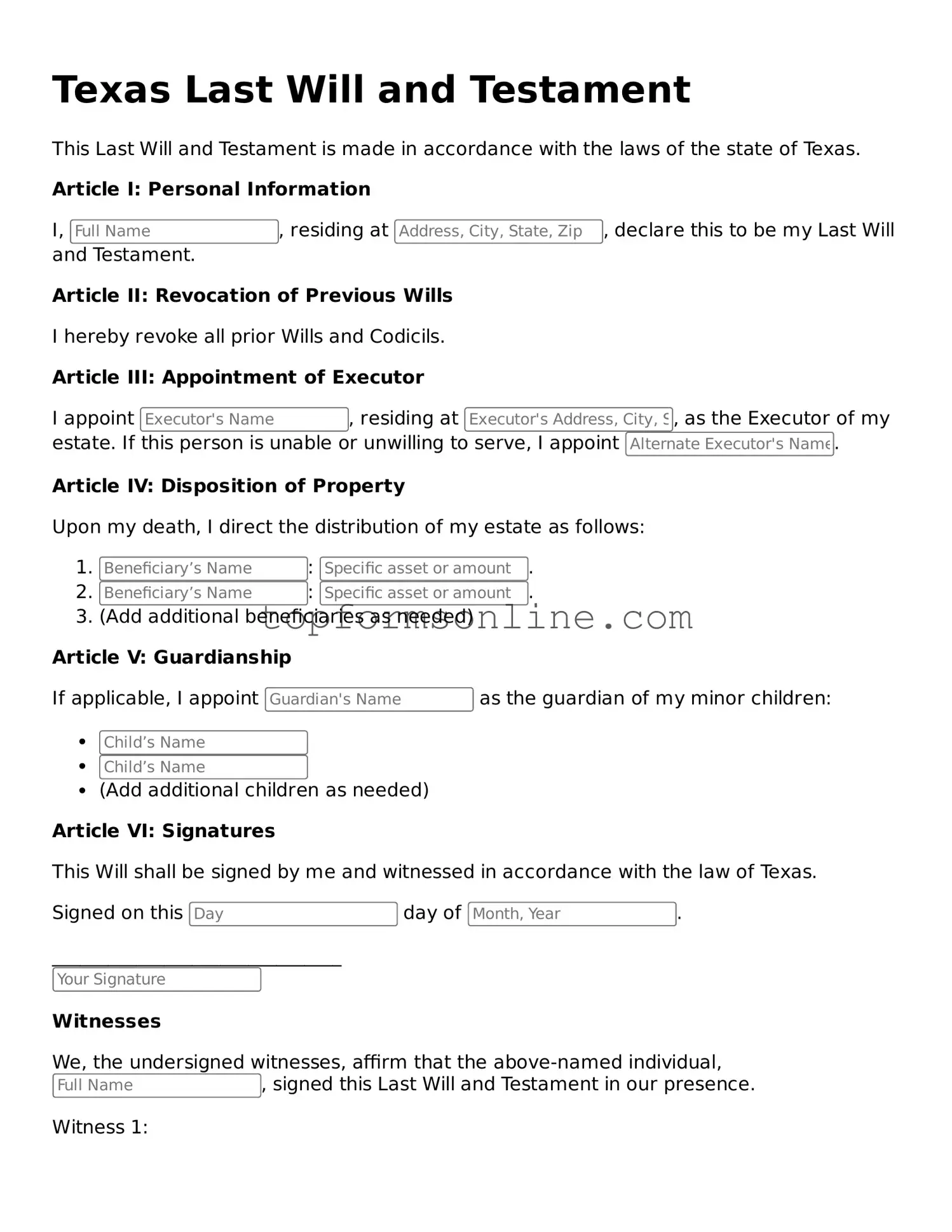 Printable Texas Last Will and Testament Template
