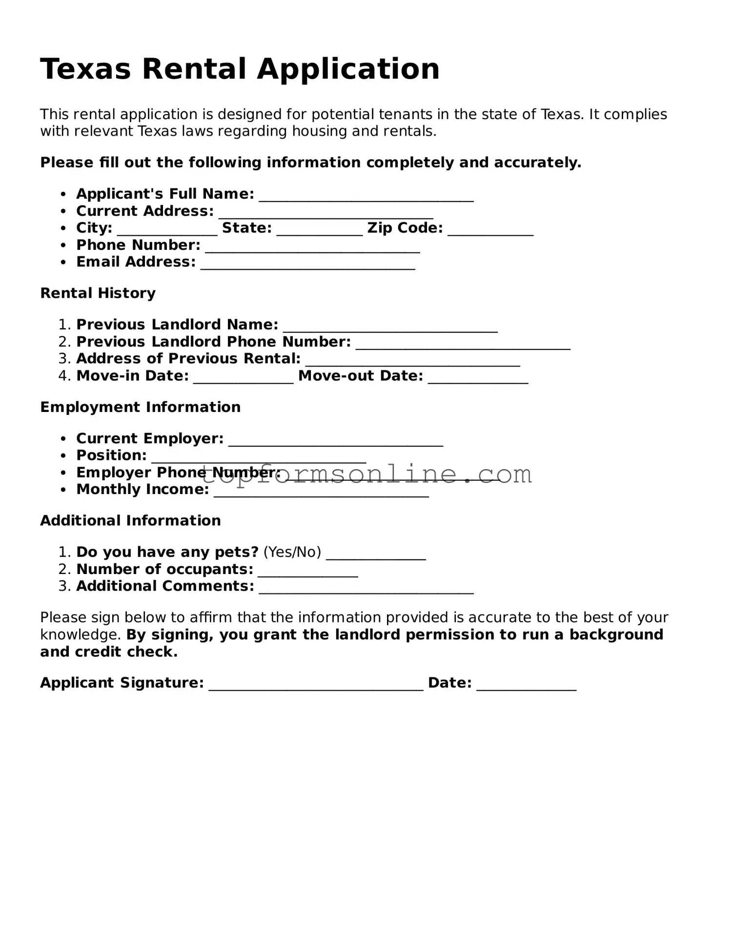 Printable Texas Rental Application Template