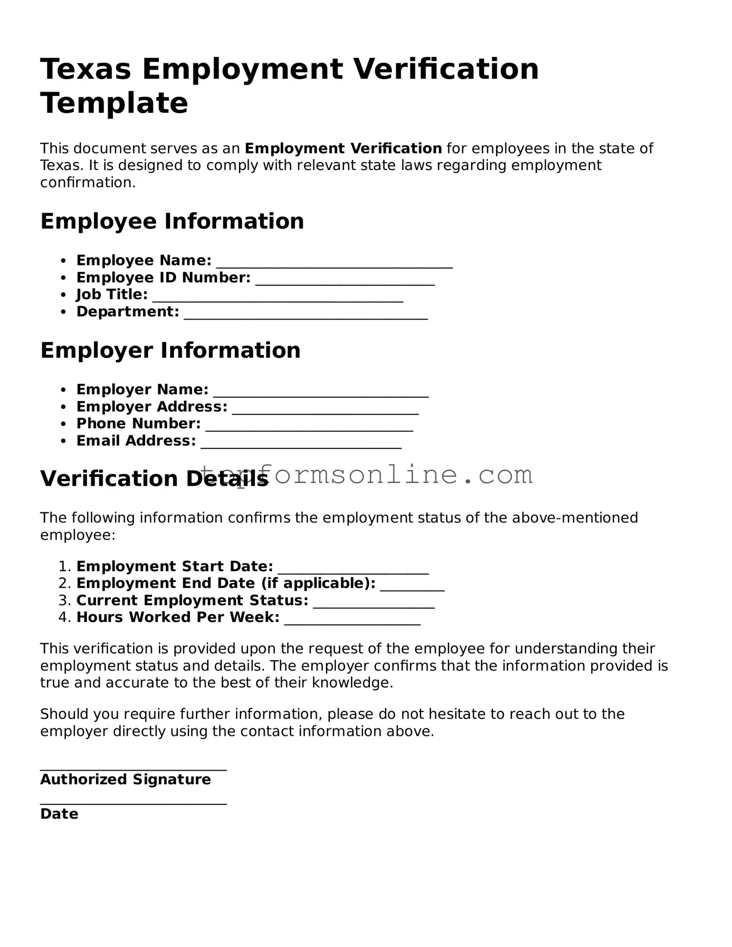 Printable Texas Employment Verification Template