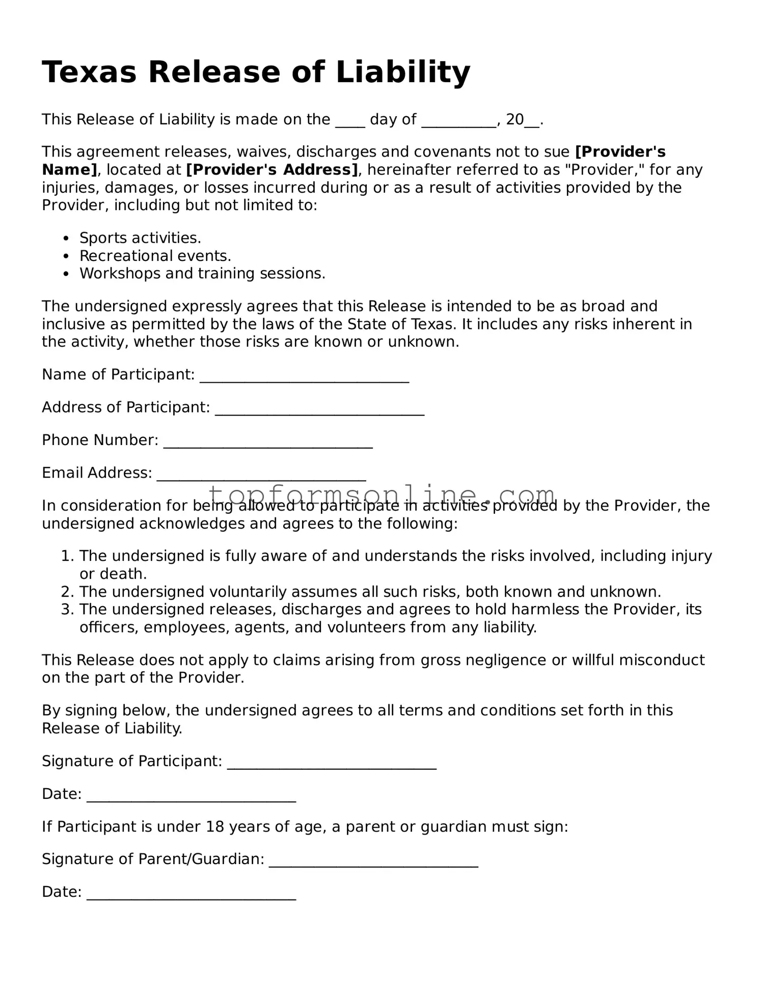 Printable Texas Release of Liability Template