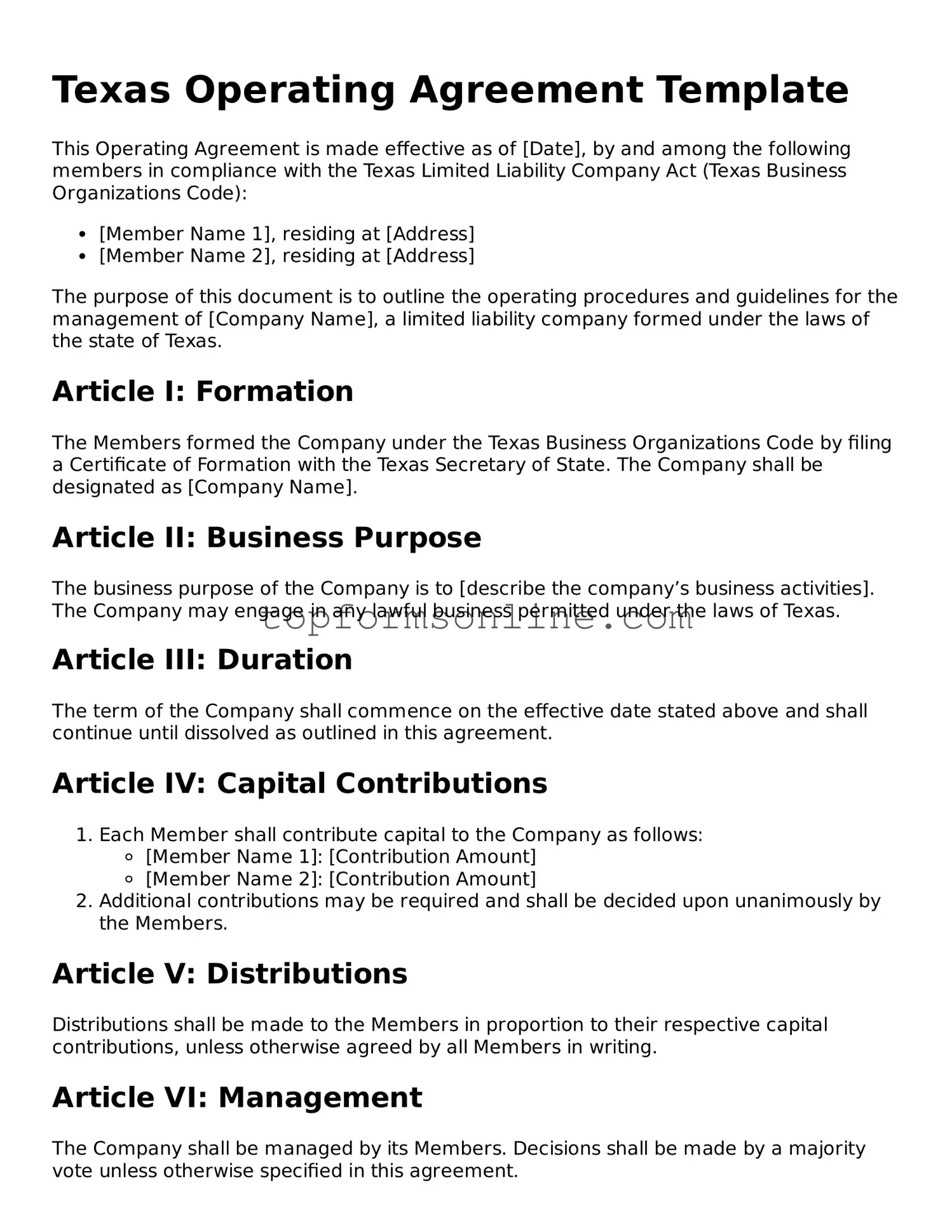 Printable Texas Operating Agreement Template