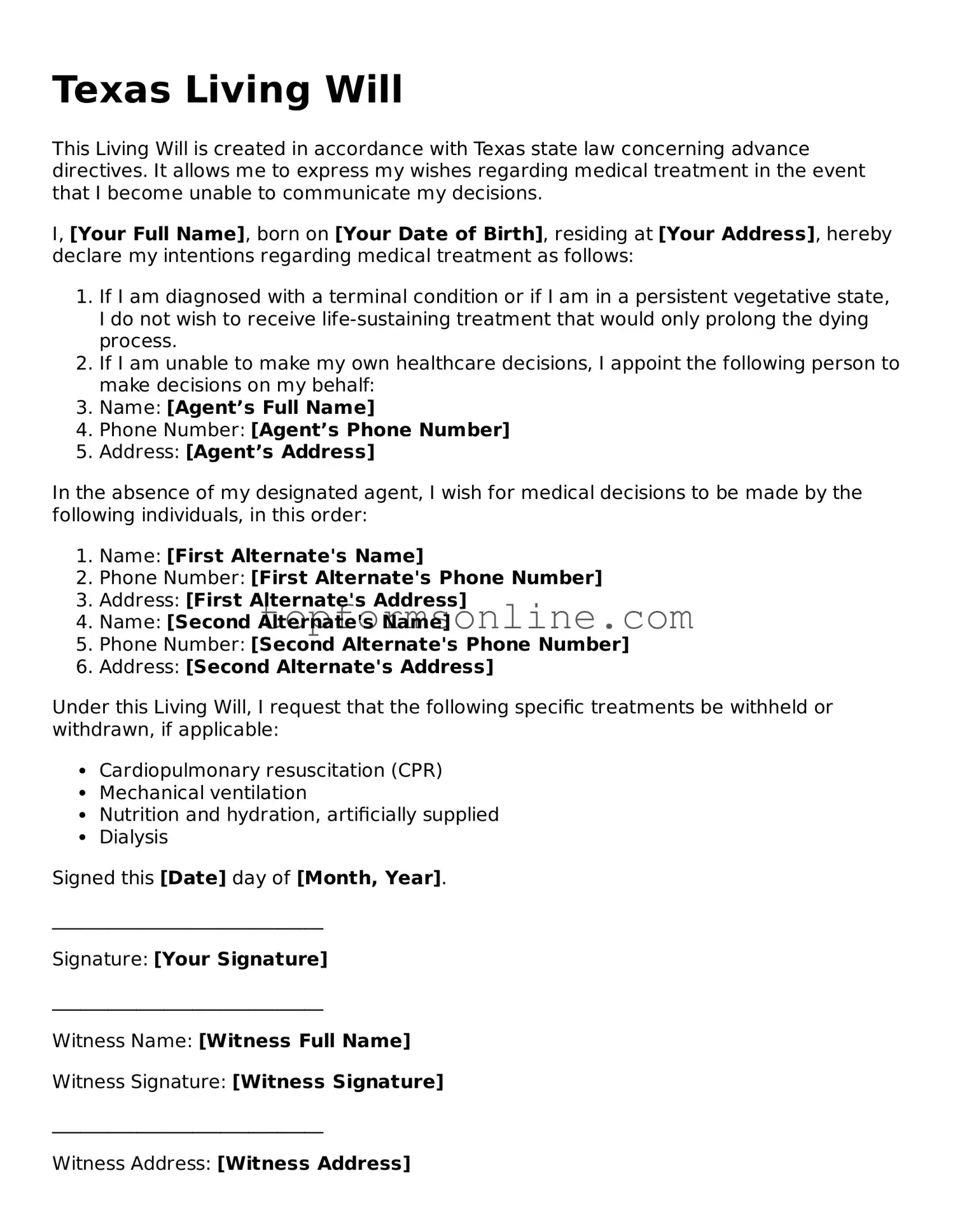 Printable Texas Living Will Template