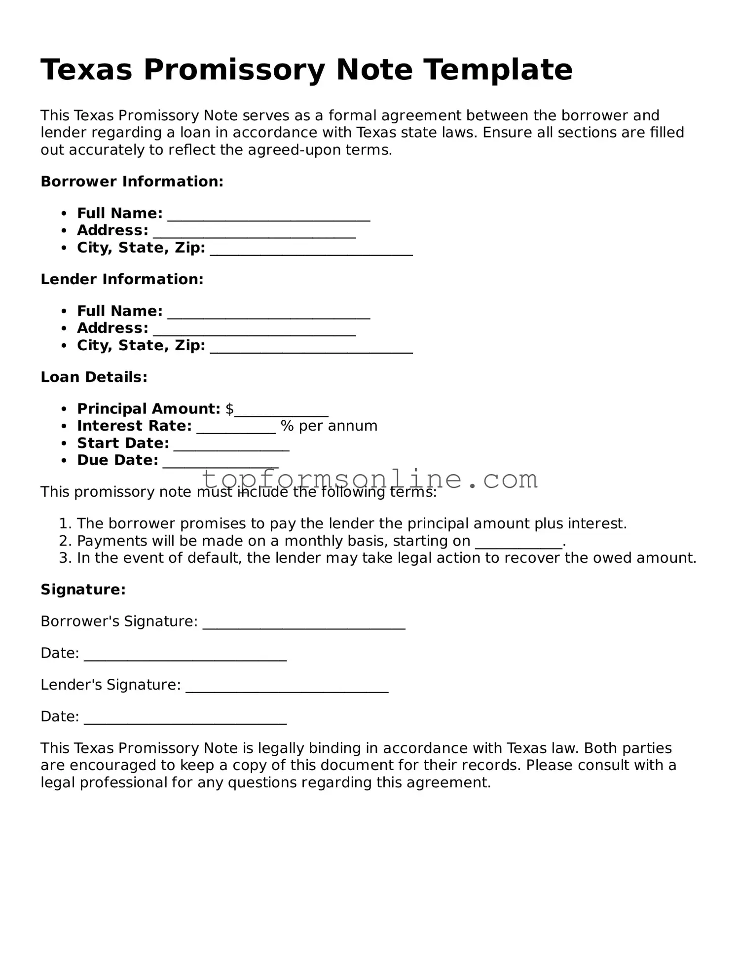 Printable Texas Promissory Note Template
