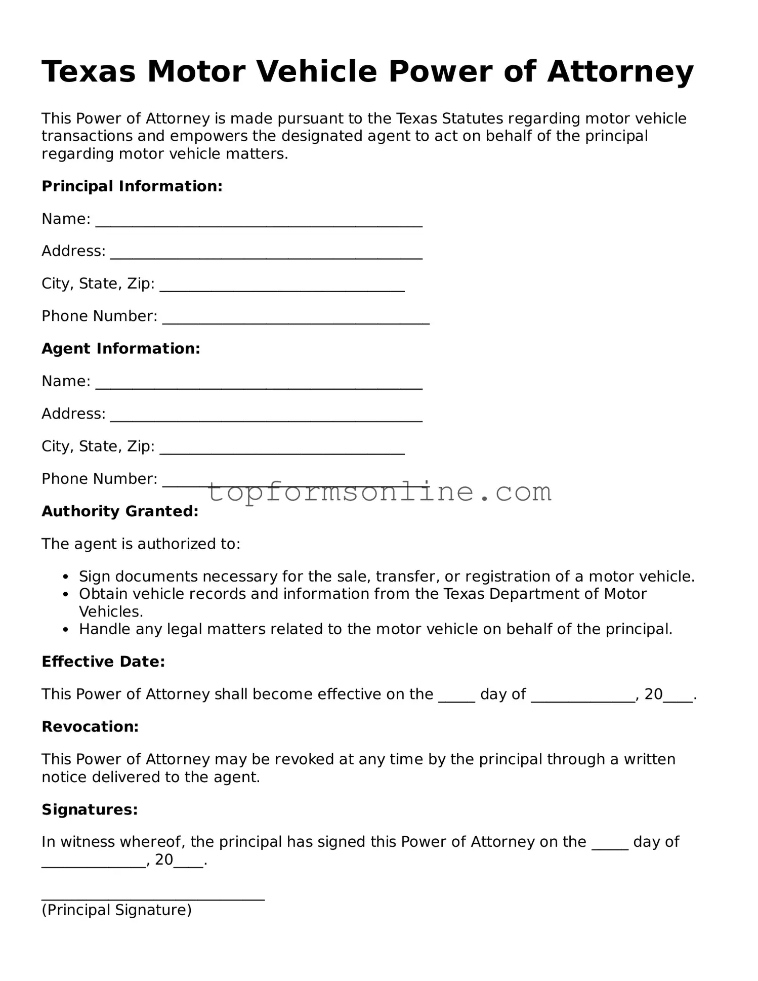 Printable Texas Motor Vehicle Power of Attorney Template