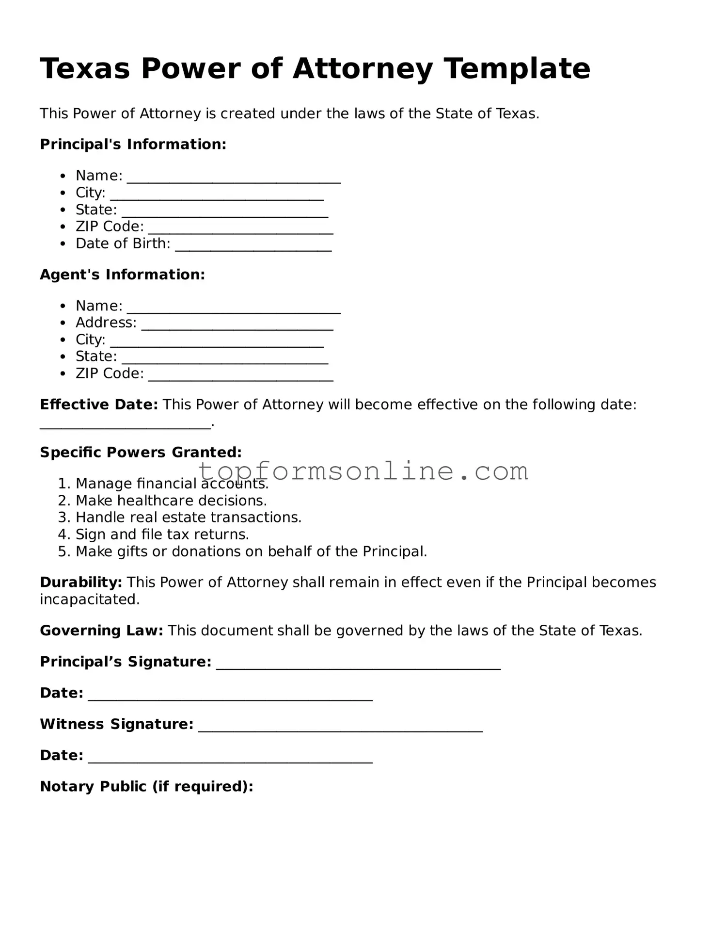Printable Texas Power of Attorney Template